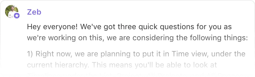 Canny post comment from ClickUp team member Zeb asking users three questions about an upcoming feature during development