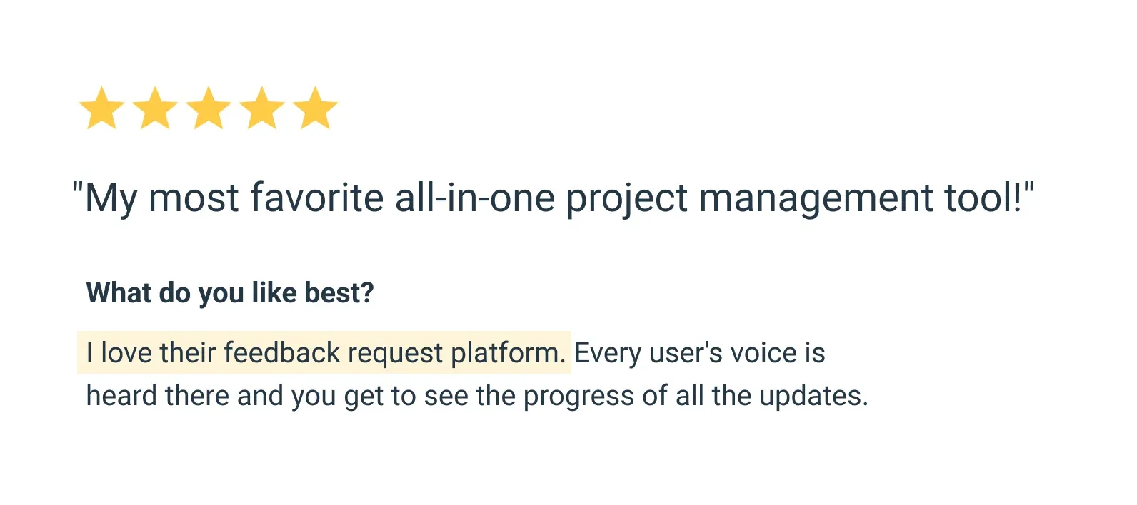 5-star user review saying "My most favorite all-in-one project management tool!" and praising Canny's feedback request platform
