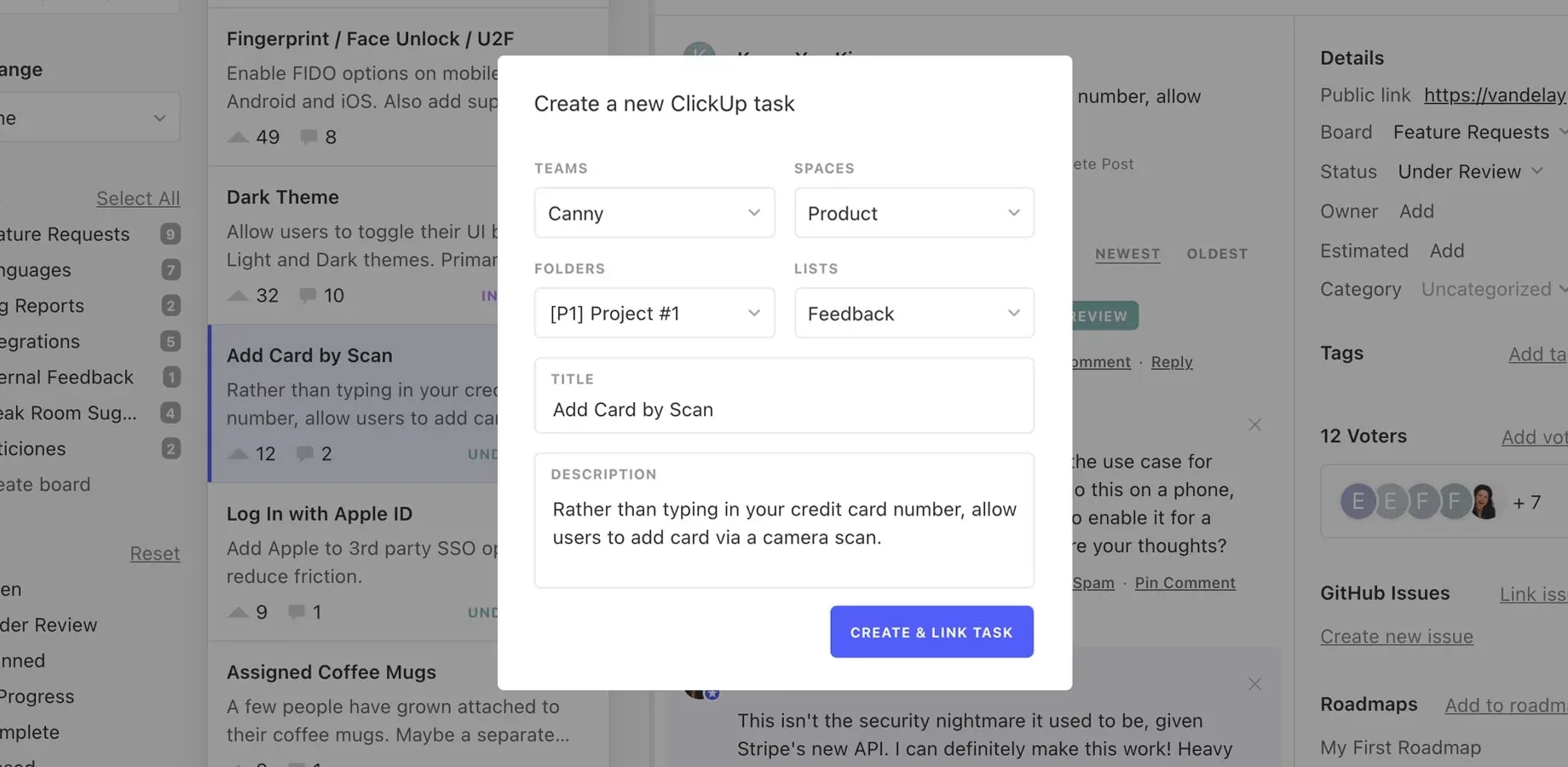 "Create a new ClickUp task" dialog with Teams, Spaces, Folders (Project #1), Lists (Feedback), Title, and Description fields