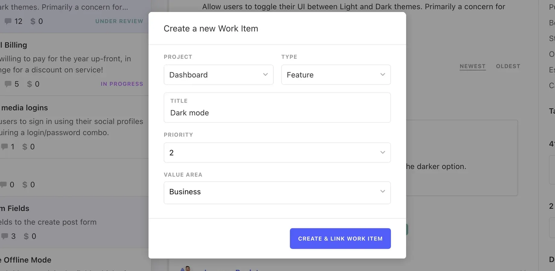 "Create a new Work Item" dialog with Project (Dashboard), Type (Feature), Title (Dark mode), Priority, and Value Area fields