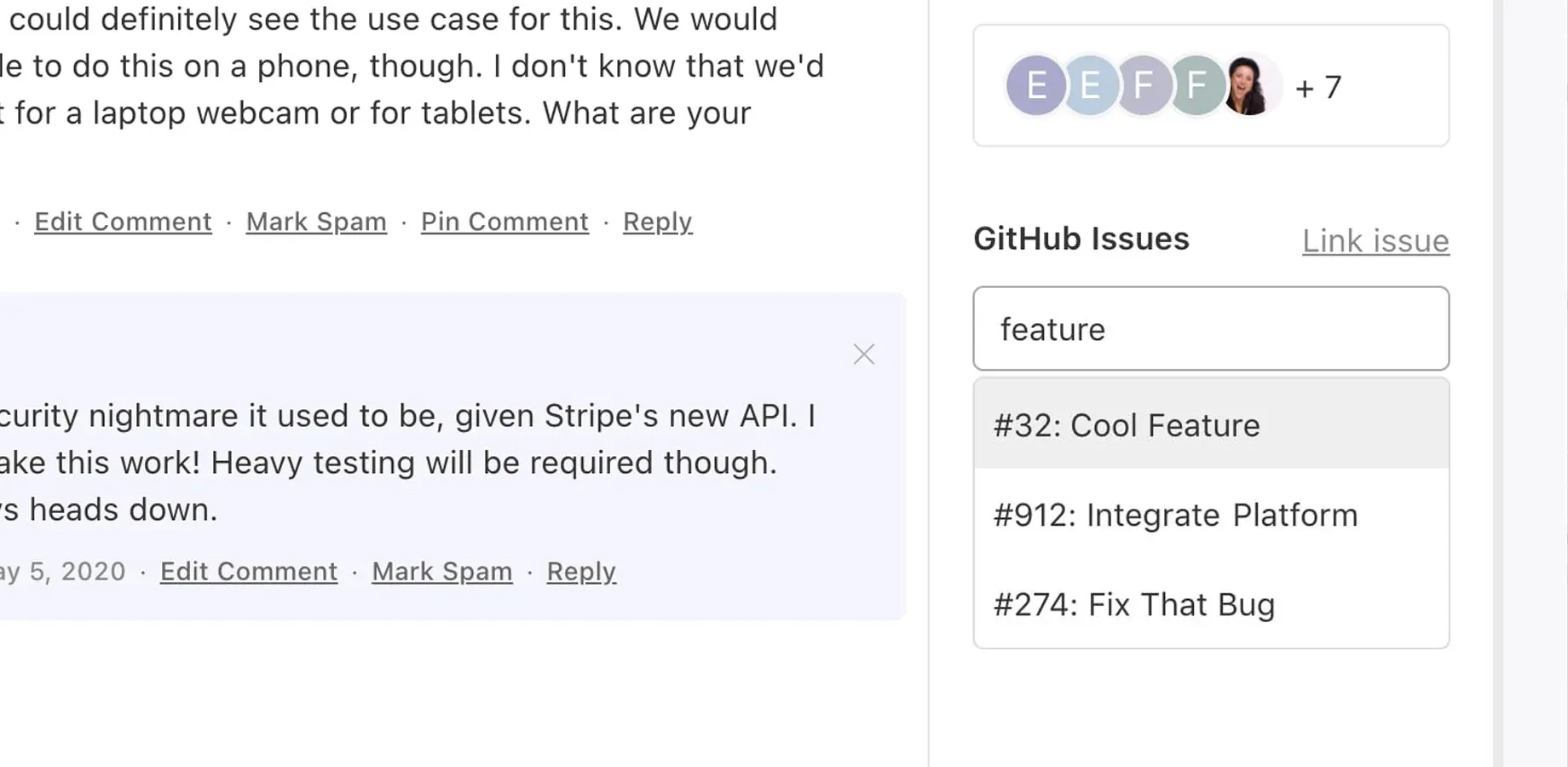 Canny post with a GitHub Issues search panel linking to issues including #32 Cool Feature and #912 Integrate Platform