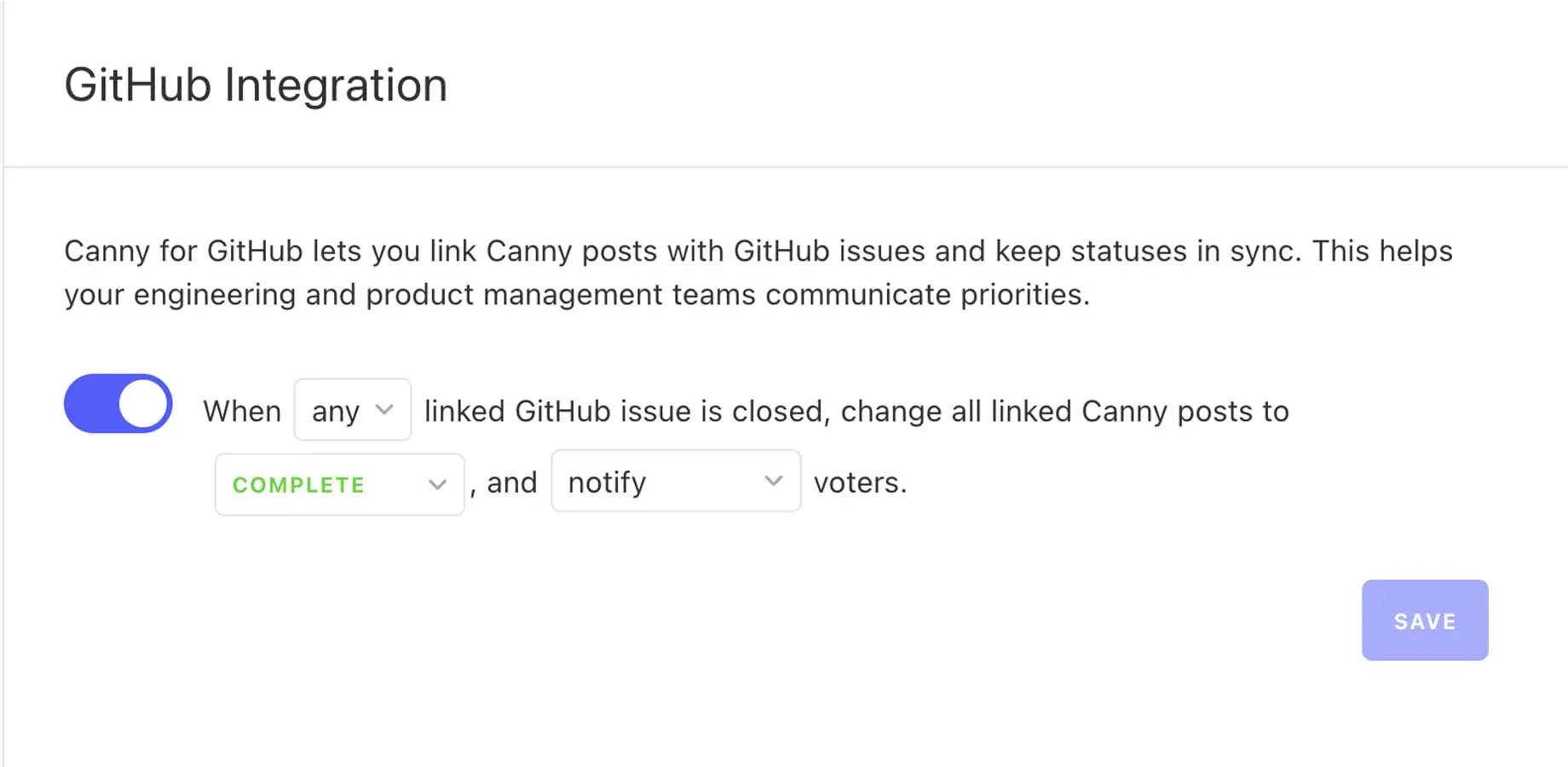 GitHub Integration settings panel with a sync rule: when a GitHub issue is closed, mark linked Canny posts as COMPLETE