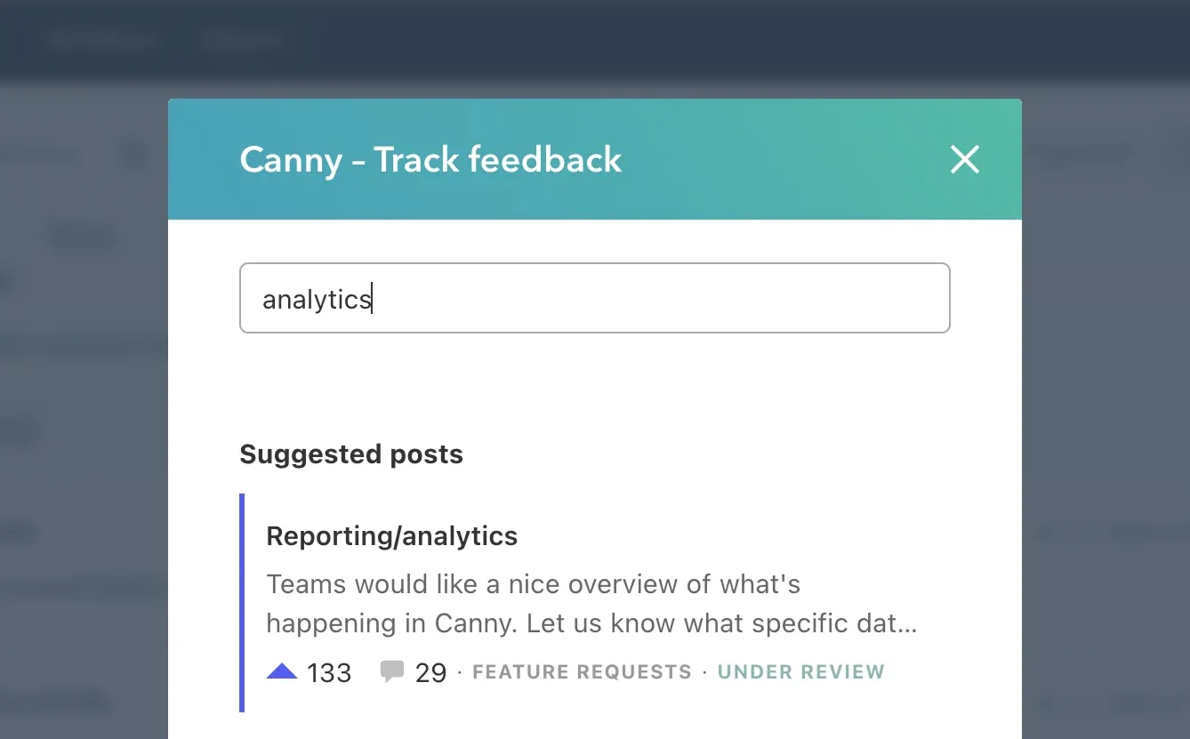 Canny "Track feedback" search dialog overlaying HubSpot showing suggested posts including "Reporting/analytics"