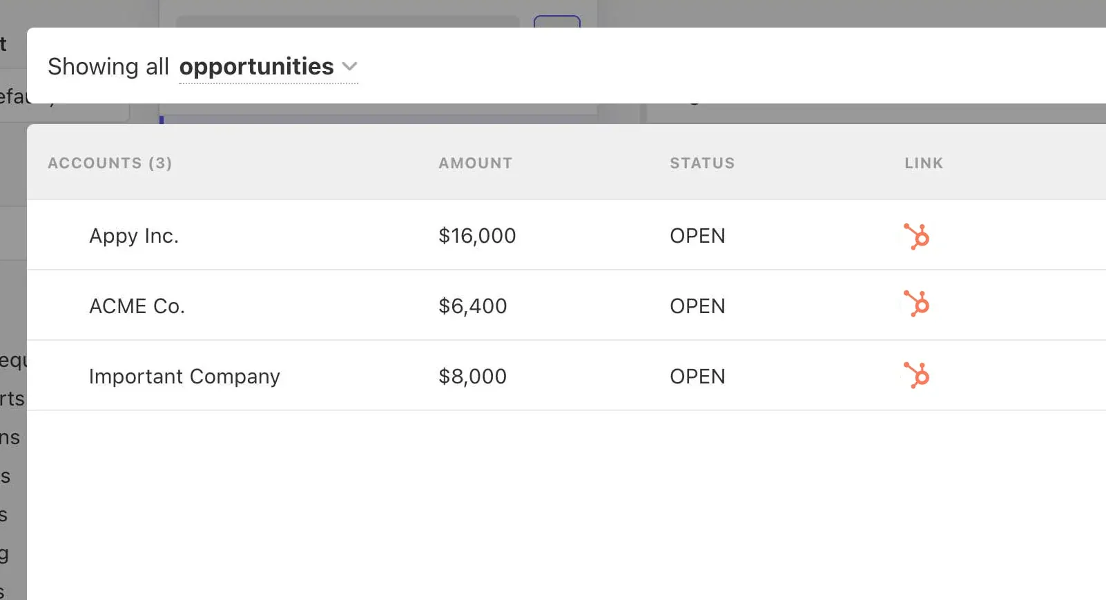Opportunities table listing accounts (Appy Inc., ACME Co., Important Company) with HubSpot link icons