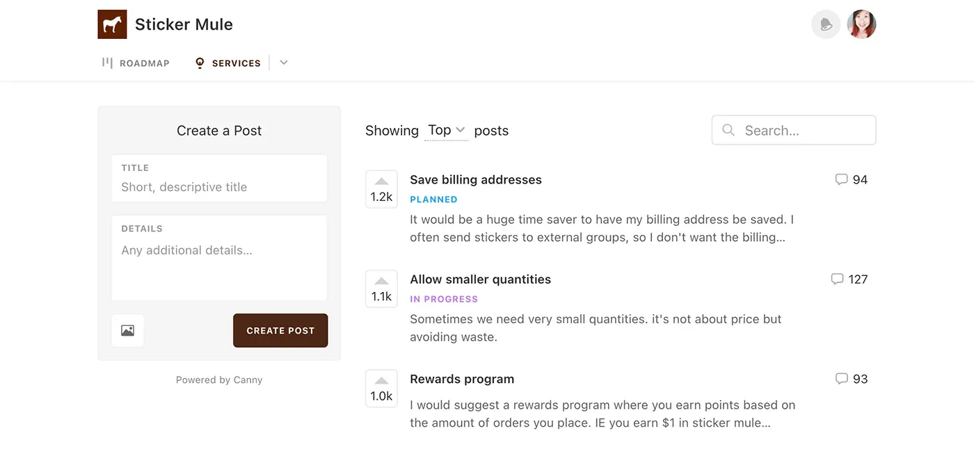 Sticker Mule's Canny feedback board showing top posts: Save billing addresses (1.2k votes, PLANNED) and Allow smaller quantities (1.1k, IN PROGRESS)