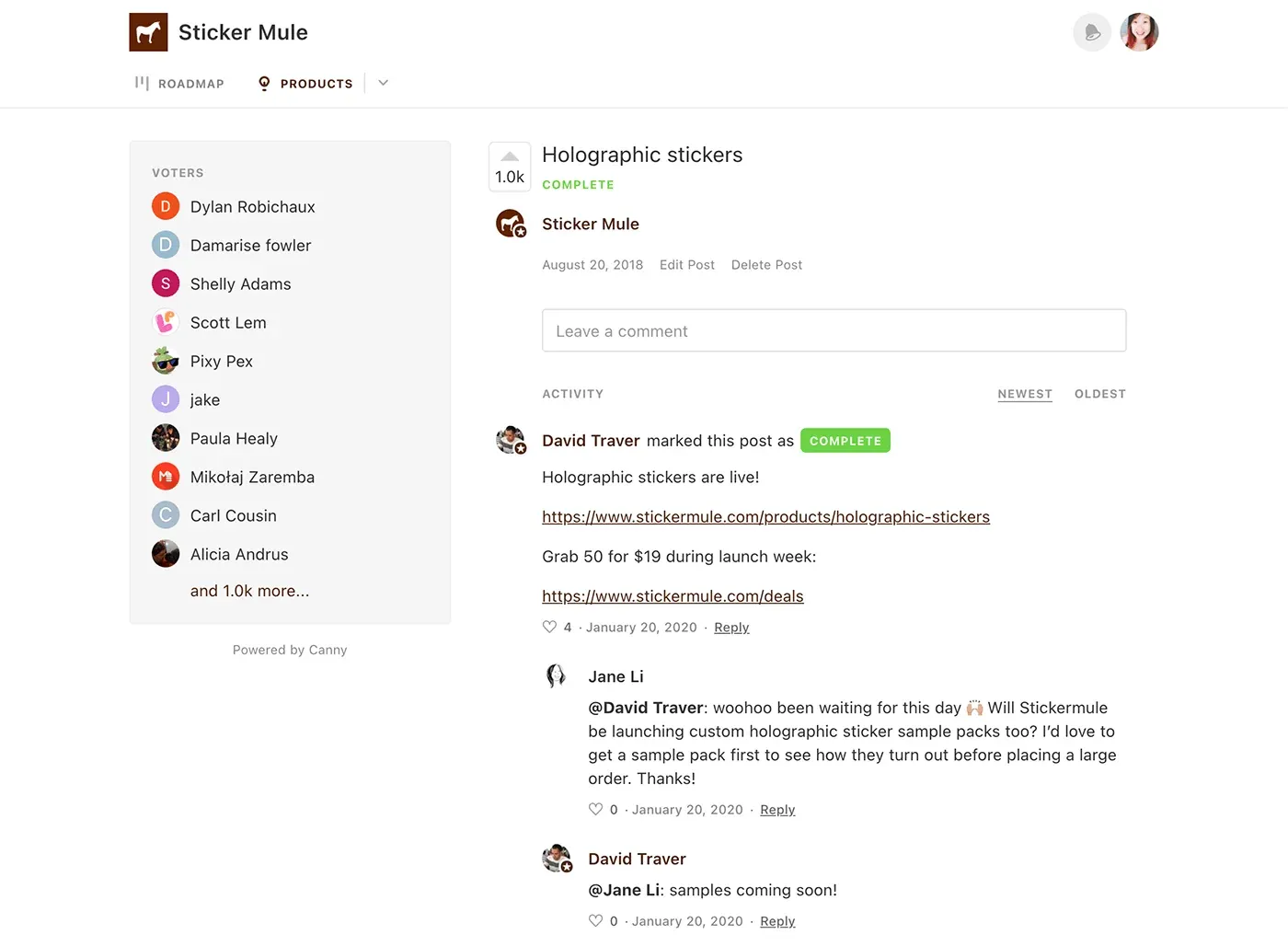 Sticker Mule's Canny "Holographic stickers" post with 1,000 votes marked COMPLETE, with voter list and launch announcement