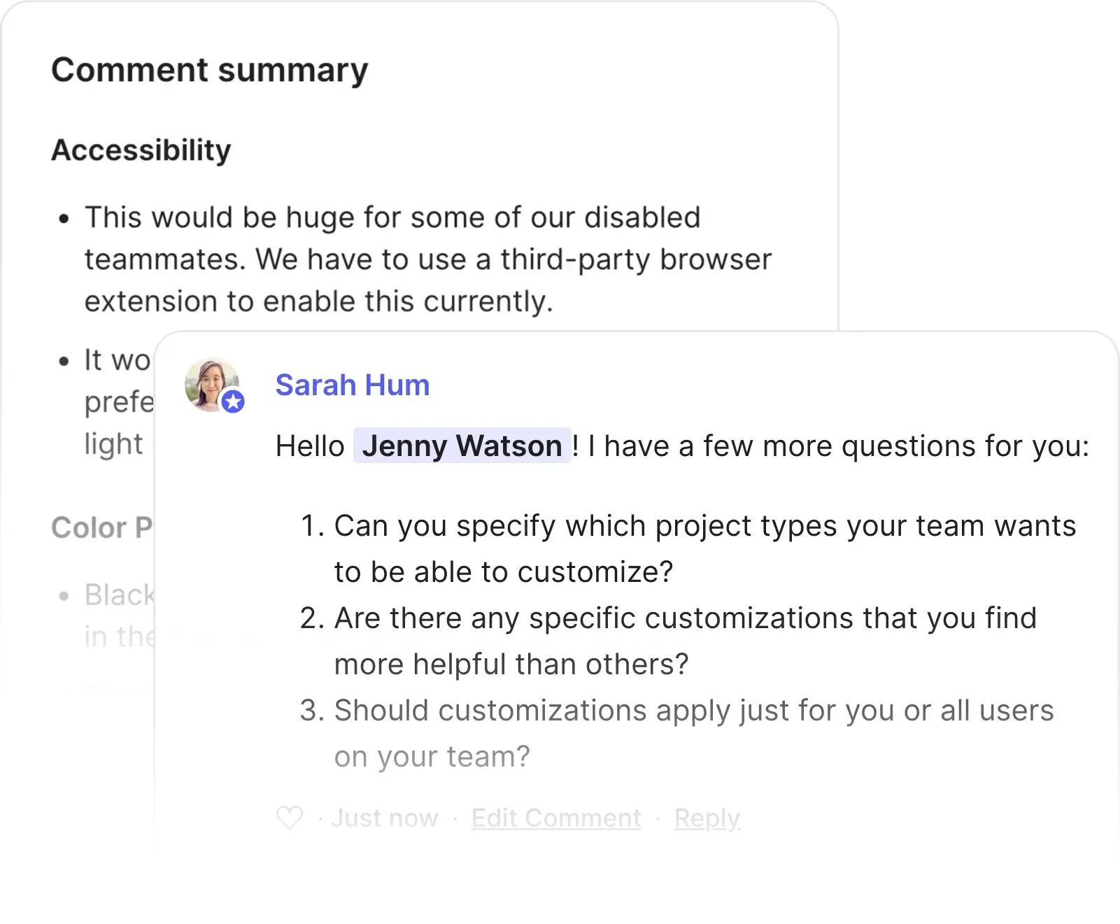 Smart Replies and Comment Summaries on customer feedback.