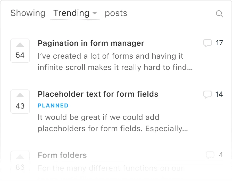 A customer feedback board where users share, vote, and discuss ideas.