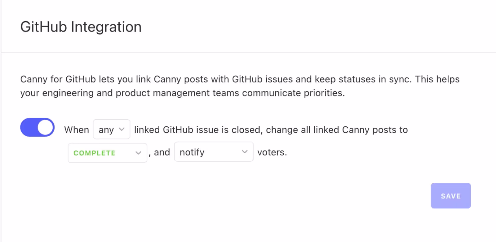 GitHub Integration settings panel with a sync rule: when a GitHub issue is closed, mark linked Canny posts as COMPLETE