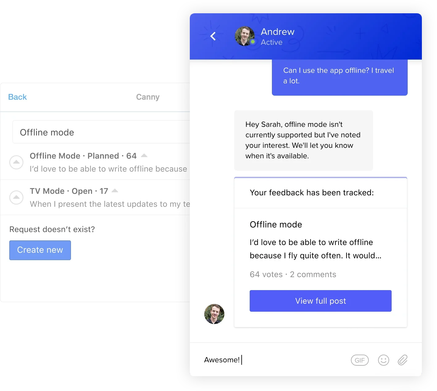 Customer sharing feedback in Intercom.
