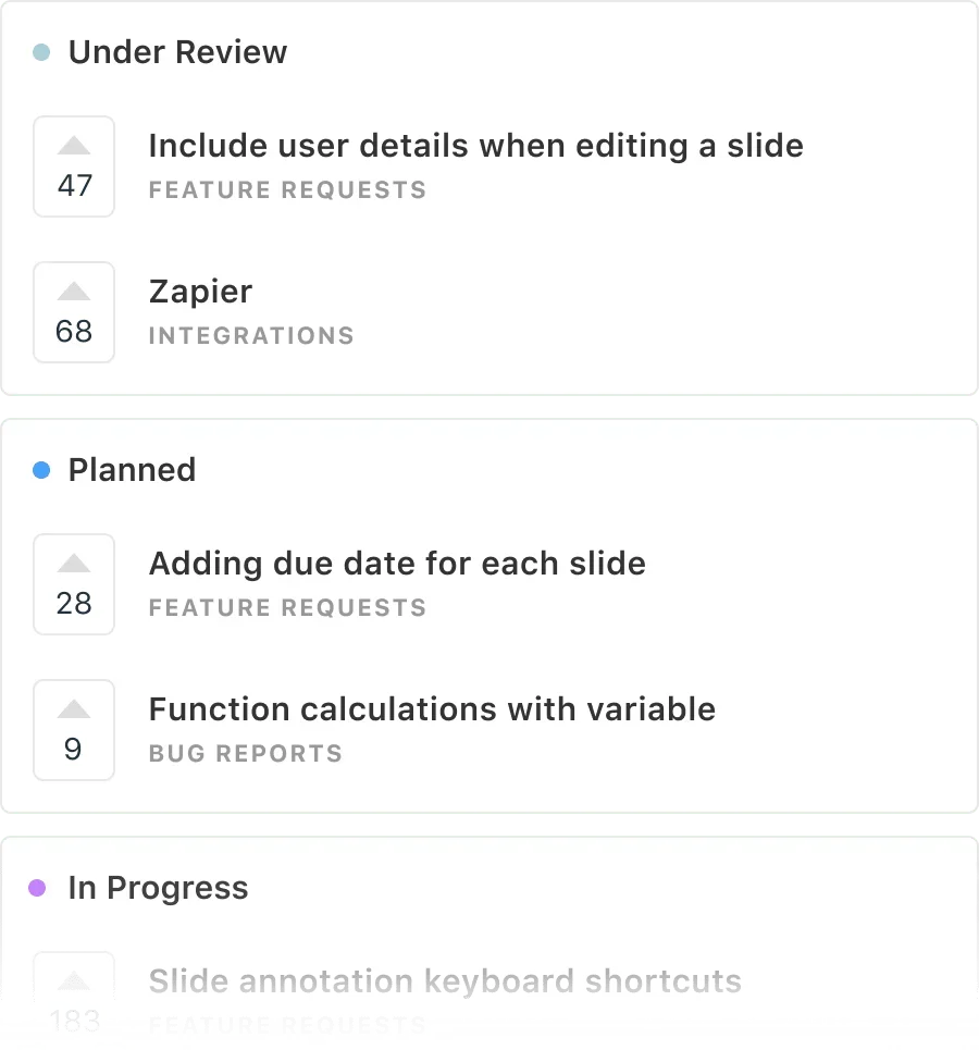 A public roadmap showing planned, in progress, and shipped feedback updates.